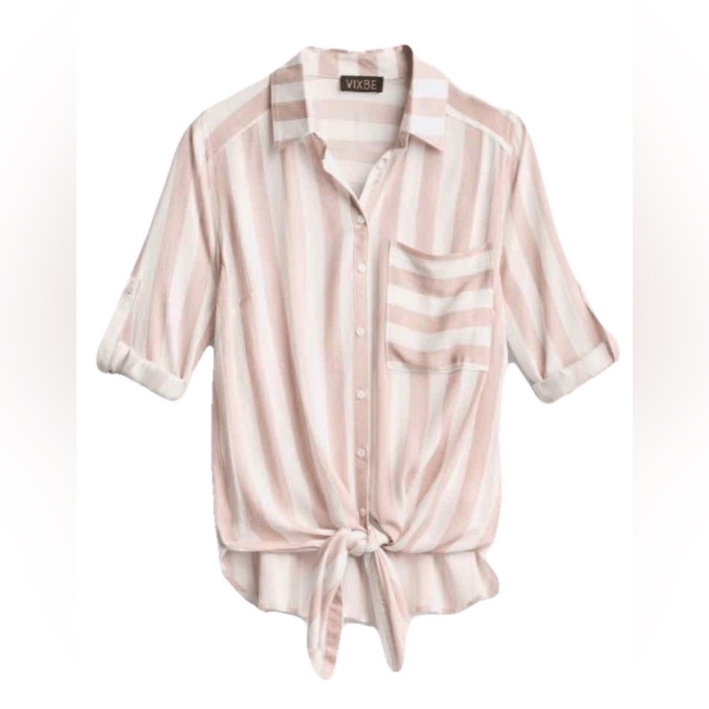 VIXBE | Women's L Striped Blush and White Button-up Tie Front Top